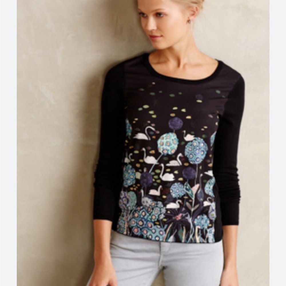 Anthropologie x Michelle Morin Swan Tableau Pullover Sweater XS Black Blue
